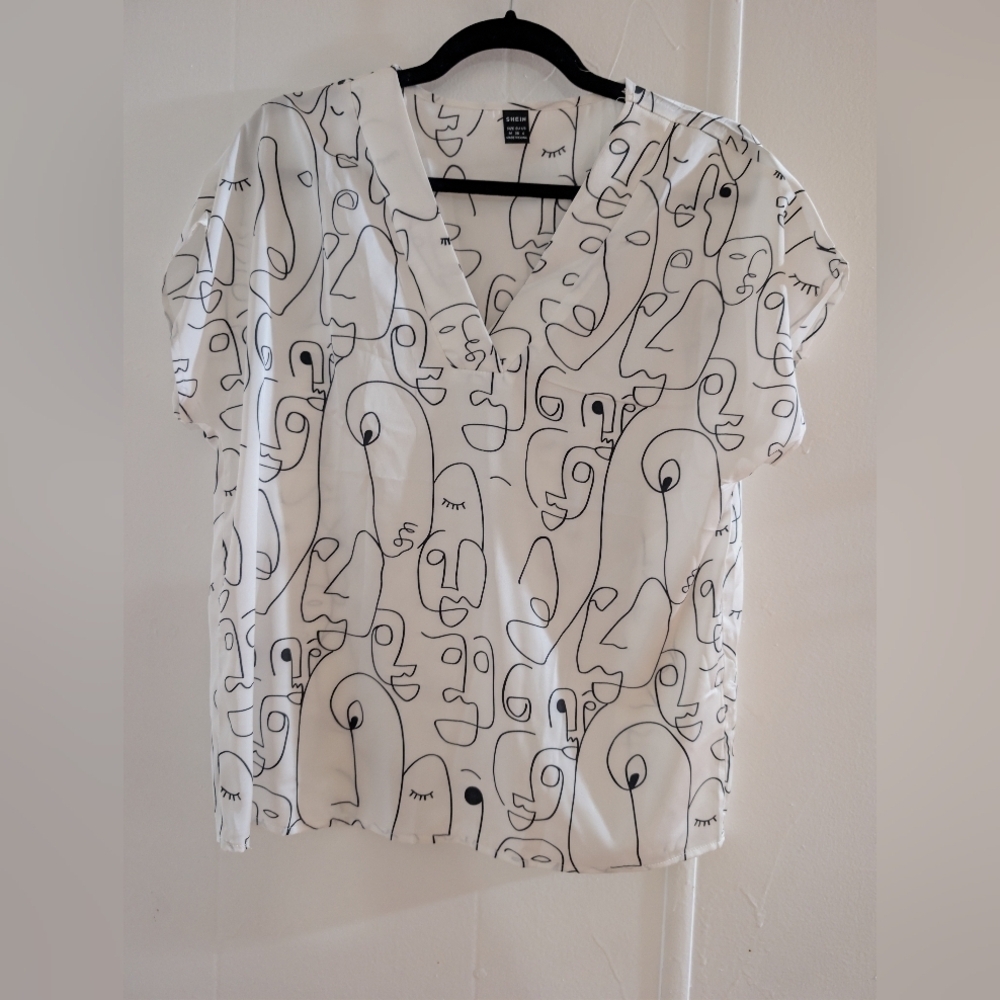 SHEIN White Abstract Face Print V-Neck Blouse